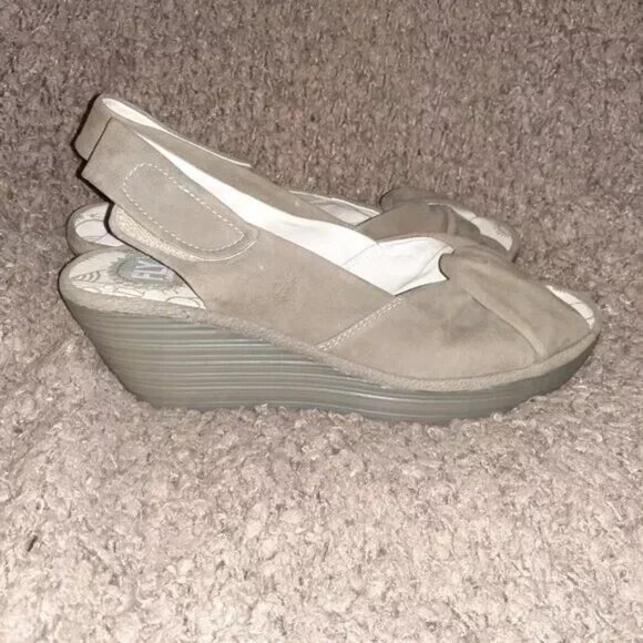 FLY LONDON-Yakin-Taupe Nubuck Leather Slingback Wedges-SZ 41-9.5-Near Mint - Picture 2 of 7